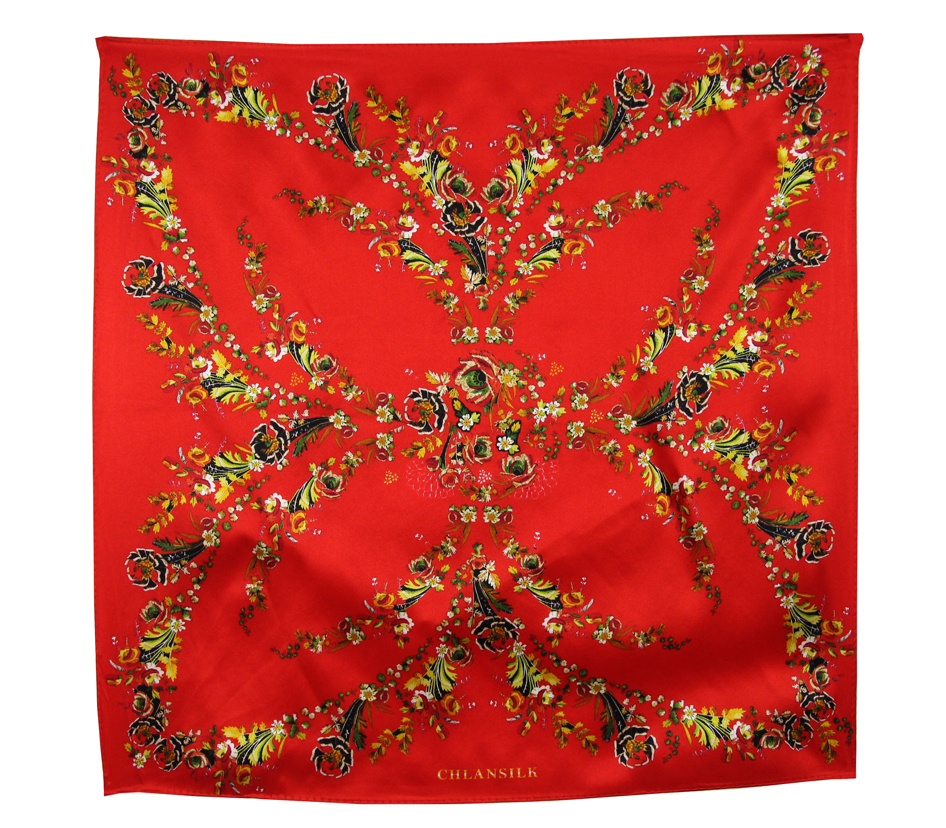 闕蘭絹印花紅色緞面100%蠶絲絲巾50*50CM  - 1121