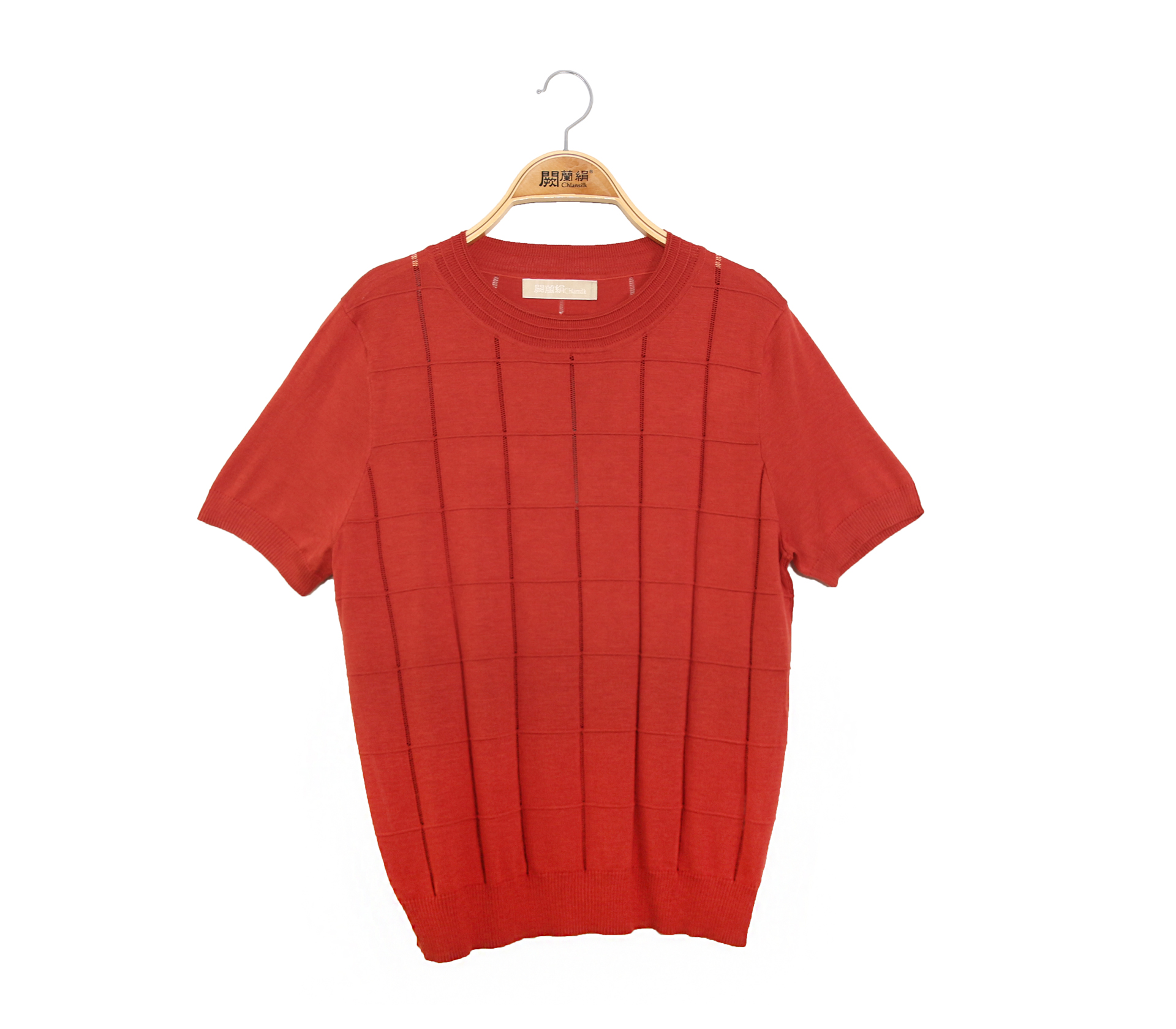 闕蘭絹方格簍空造型針織蠶絲上衣 - 紅色 - 62123