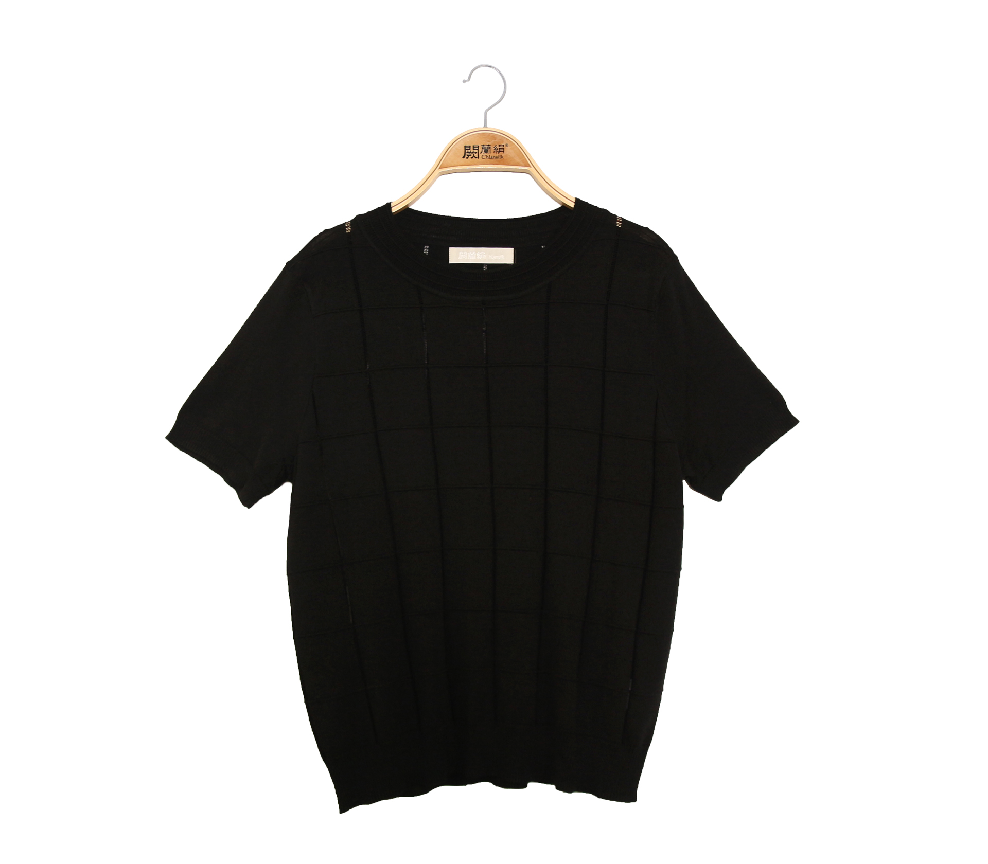 闕蘭絹方格簍空造型針織蠶絲上衣 - 黑色 - 62123