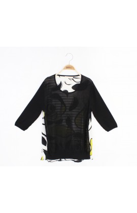 闕蘭絹100%蠶絲針織拼背面雙縐上衣-616(黑)