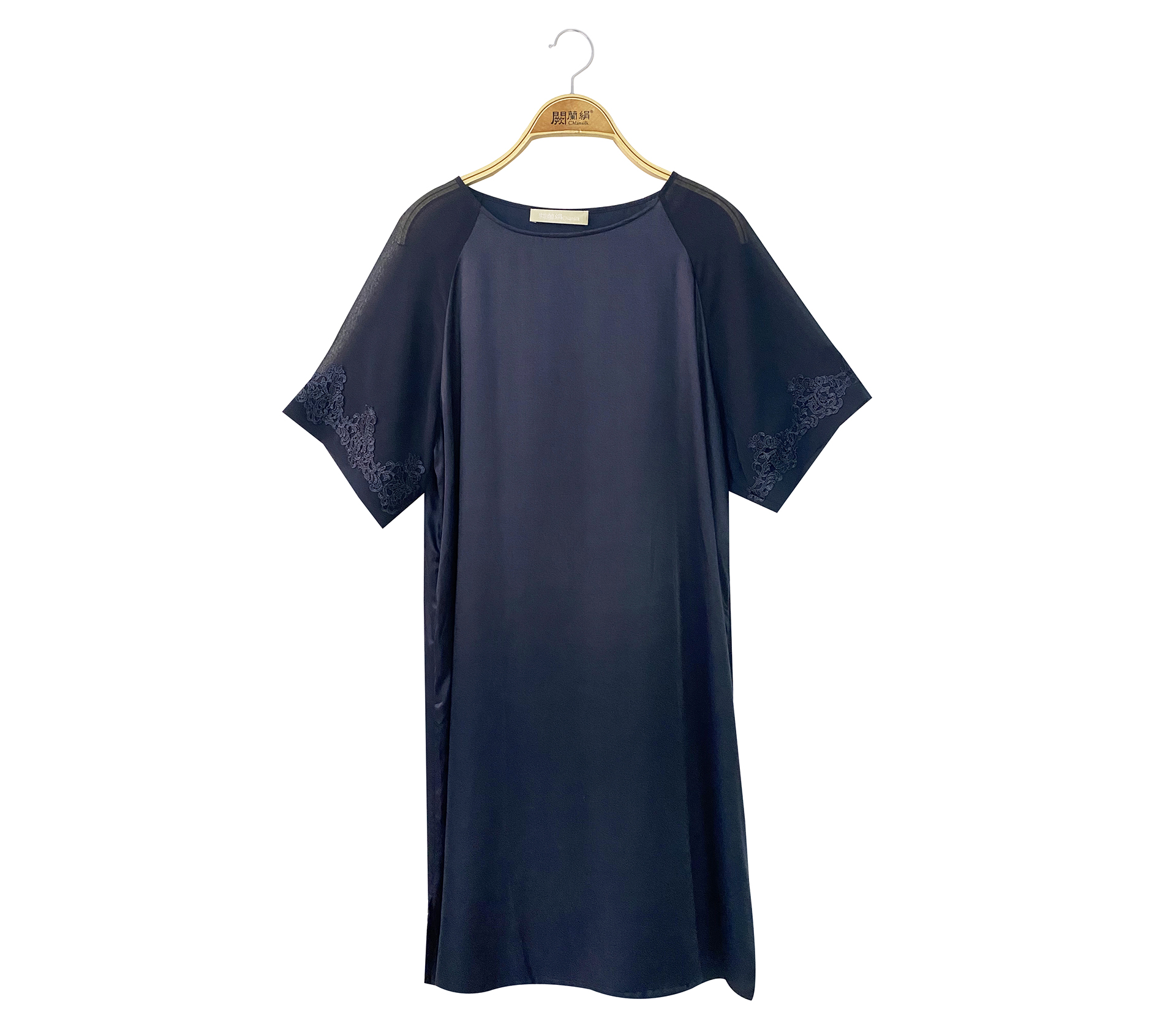 闕蘭絹袖花朵圓領蠶絲睡衣洋裝 - 藍色 - 6670