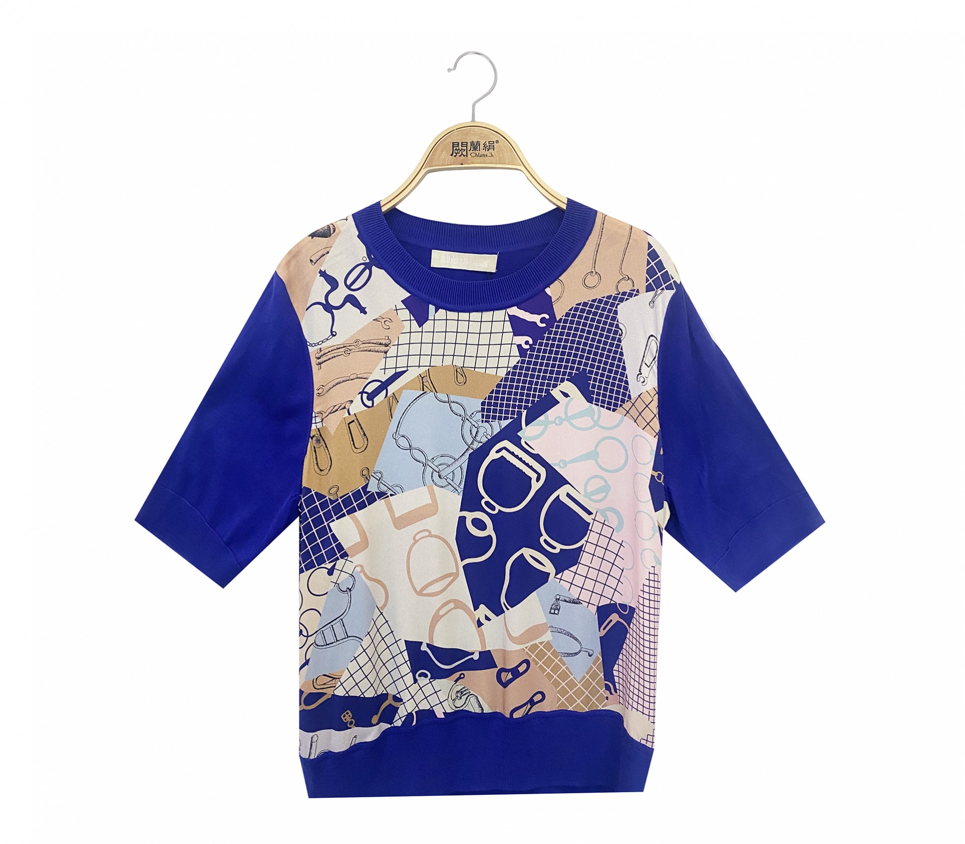 ROYAL SILK拼接緞面幾何蠶絲針織短袖上衣 - 藍色 - 6685