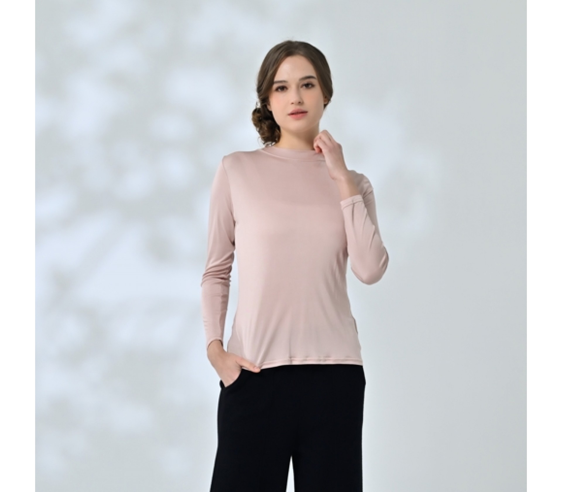 闕蘭絹素面長袖42針100%立領蠶絲衣-豆沙色-9962