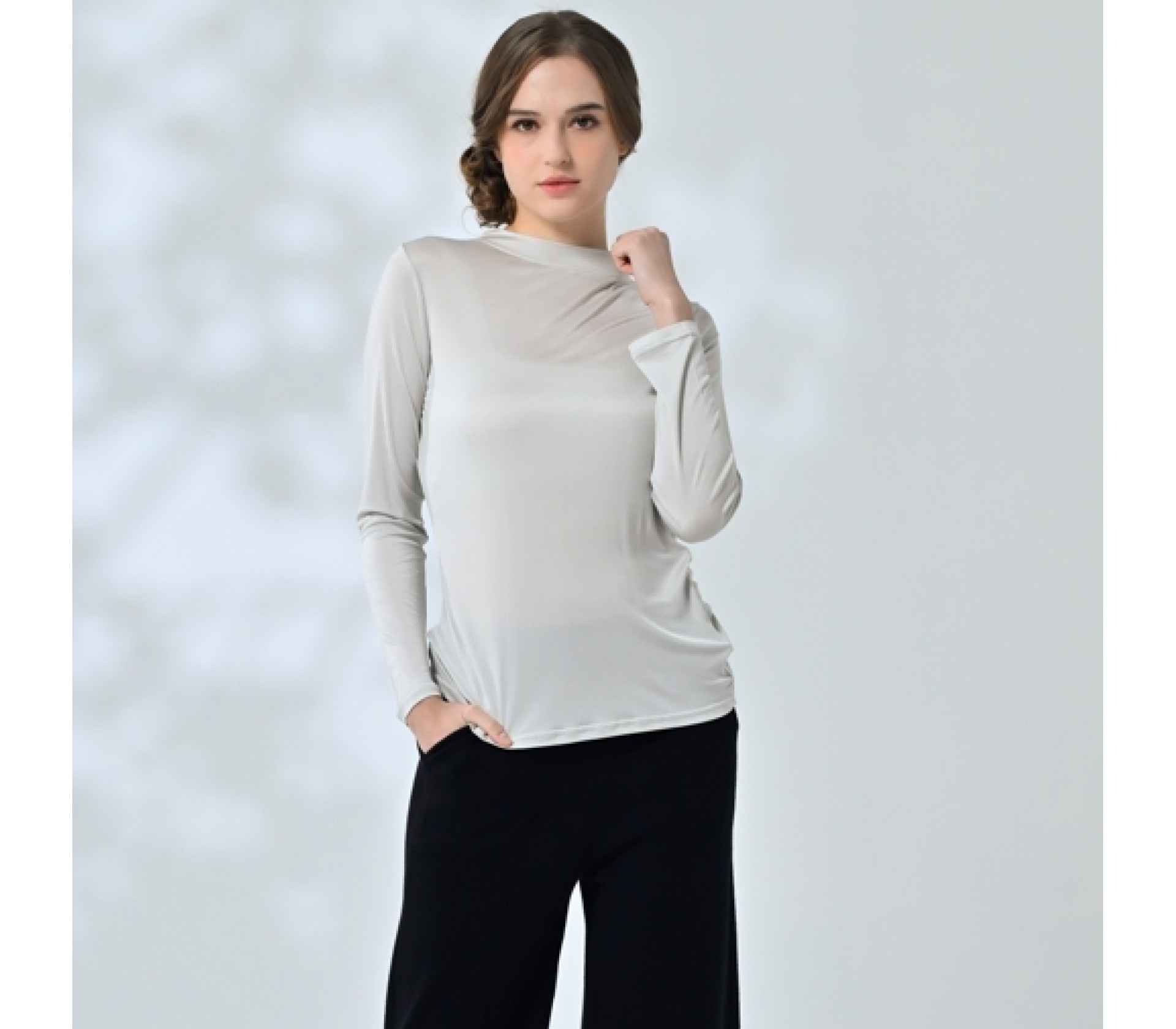 闕蘭絹素面長袖42針100%立領蠶絲衣-灰色-9962