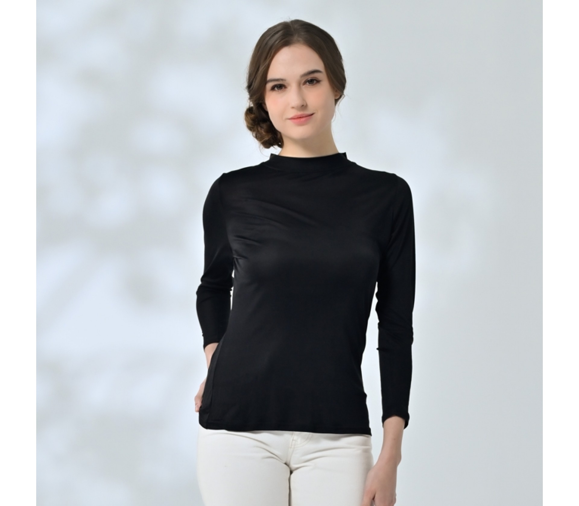 闕蘭絹素面長袖42針100%立領蠶絲衣-黑色-9962